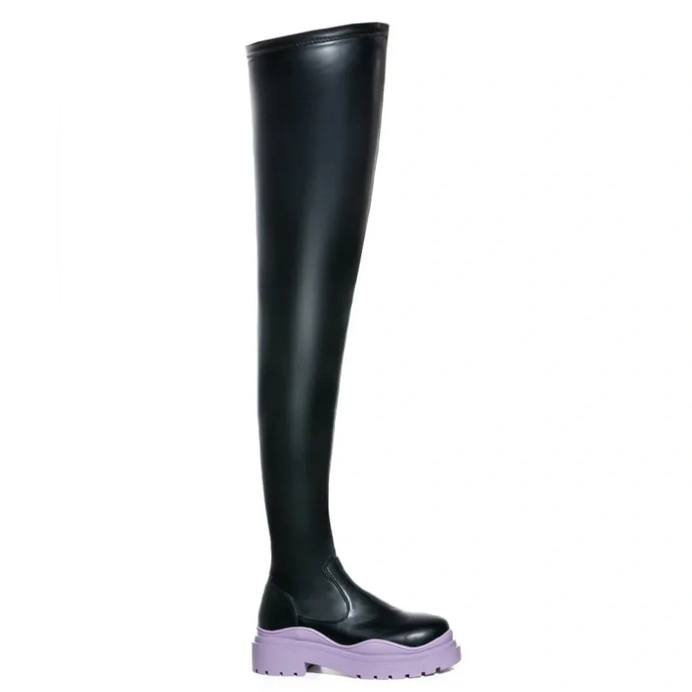 AZALEA WANG Black & Periwinkle Purple Thigh High Stretch Boots